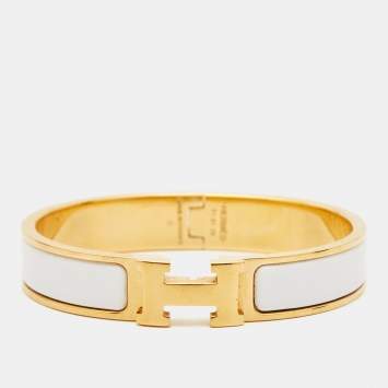 Pre Owned Hermes Clic H  White Enamel Gold Plated Bracelet