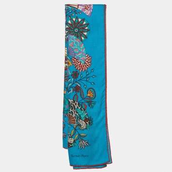 Pre Owned Hermès Canard Blue Fleurs et Papillons de Tissus Cashmere & Silk Shawl