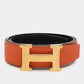 Pre Owned Hermès Black Leather Reversible H Buckle Belt 75CM