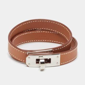 Pre Owned Hermes Kelly Double Tour Leather Palladium Plated Wrap Bracelet