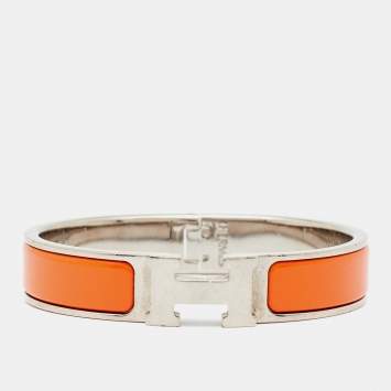 Pre Owned Hermès Clic H Orange Enamel Palladium Plated Bracelet