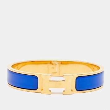 Pre Owned Hermès Clic H Blue Enamel Gold Plated Bracelet