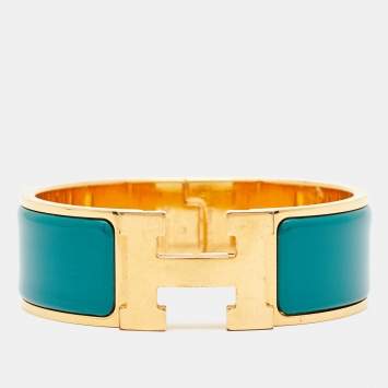 Pre Owned Hermès Clic H Green Enamel Gold Plated Bracelet
