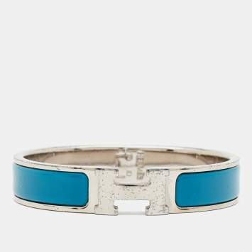 Pre Owned Hermès Clic H Blue Enamel Palladium Plated Bracelet