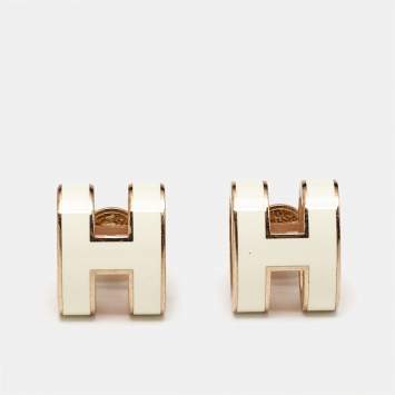Pre Owned Hermès Pop H White Enamel Gold Plated Stud Earrings