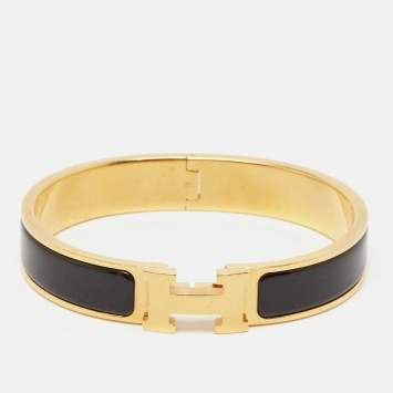 Pre Owned Hermès Clic H Black Enamel Gold Plated Bracelet