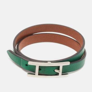 Pre Owned Hermes Behapi Green Leather Palladium Plated Tone Double Tour Bracelet