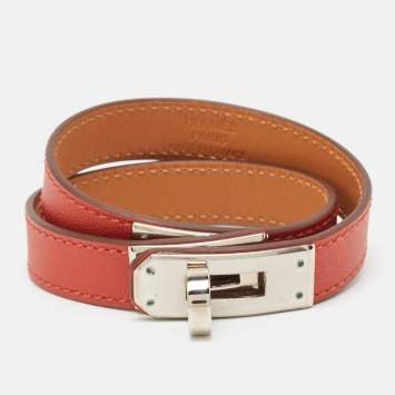 Pre Owned Hermès  Kelly Brown Leather Palladium Plated Double Tour Bracelet