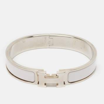 Pre Owned Hermès Clic H White Enamel Palladium Plated Bracelet