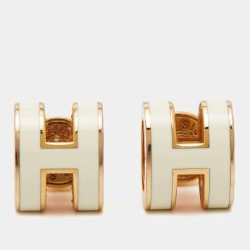Pre Owned Hermès Mini Pop H White Enamel Gold Plated Earrings