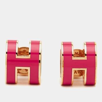 Pre Owned Hermès Mini Pop H Pink Enamel Gold Tone Stud Earrings