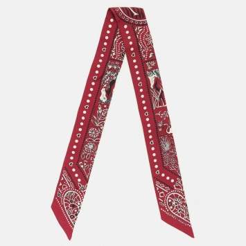 Pre Owned Hermès Burgundy Peuple Du Vent Bandana Silk Twilly