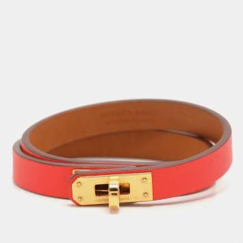 Pre Owned Hermes Coral Pink Leather Kelly Double Tour Wrap Bracelet