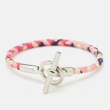Pre Owned Hermès Silk Astrologie Nouvelle Print Glenan Palladium Plated Wrap Bracelet