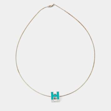 Pre Owned Hermès Cage d'H Cyan Lacquered Palladium Plated Pendant Necklace