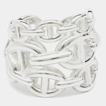 Pre Owned Hermes Chaine d'ancre Enchainee Sterling Silver Wide Open Band Ring 51
