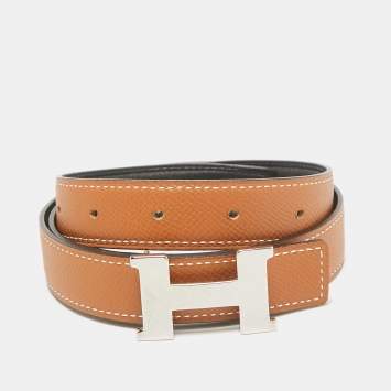 Pre Owned Hermes Gold/Noir Epsom and Swift Leather Constance Reversible Belt 75 CM