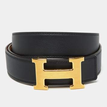 Pre Owned Hermes Black/Gold Swift and Epsom Leather Constance Reversible Belt 90CM