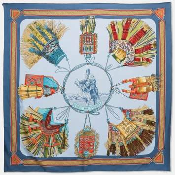 Pre Owned Hermes Blue Silk Cuirs du Desert Scarf