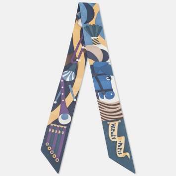 Pre Owned Hermes Ardoise / Bleu Jean Silk Parade en Fanfare Twilly
