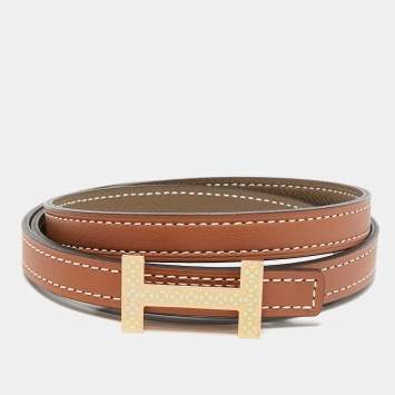Pre Owned Hermes Gold/Etoupe Swift and Epsom Leather Focus Medor Laquee Belt 85 CM