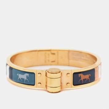Pre Owned Hermes Charniere Couvertures Nouvelles Enamel Gold Plated Hinged Bracelet 