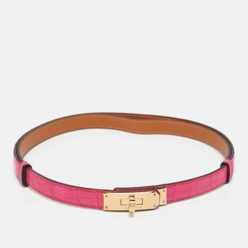 Pre Owned Hermès Rose Shocking Alligator Gold Tone Finish Kelly 18 Belt Adjustable