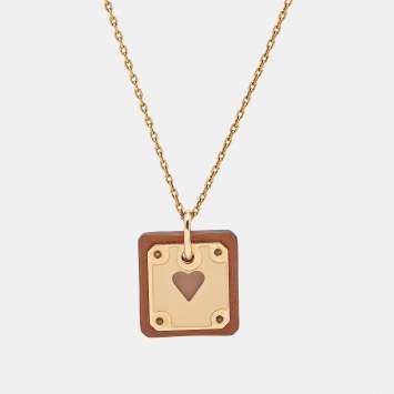 Pre Owned Hermès As de Coeur Leather Rose Gold Plated Small Model Necklace