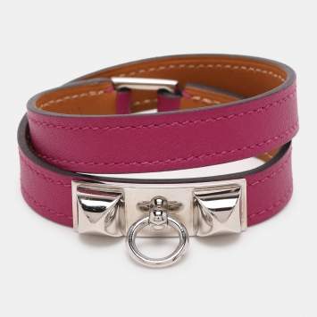 Pre Owned Hermes Purple Leather Rivale Palladium Plated Double Tour Bracelet