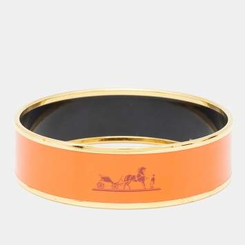Pre Owned Hermès Orange Enamel Printed Caleche Gold Tone Wide Bracelet