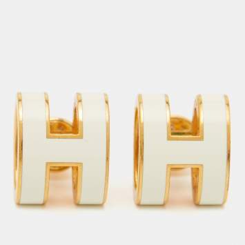 Pre Owned Hermes Pop H White Enamel Gold Plated Earrings