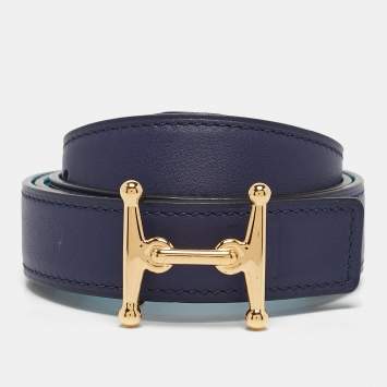 Pre Owned Hermes Bleu Du Nord/Bleu Encre Epsom and Swift Leather Mors H Buckle Reversible Belt 85 CM