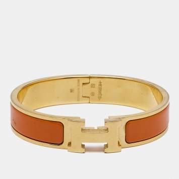 Pre Owned Hermès Clic H Orange Enamel Gold Plated Bracelet