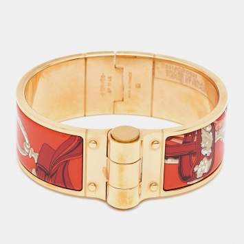 Pre Owned Hermes Hinged Orange Enamel Rose Gold Plated Bracelet