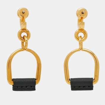 Pre Owned Hermès Boucles d'oreilles Etrier PM Swift Heritage Leather Gold Tone Earring