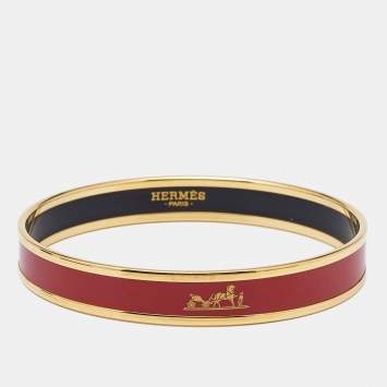 Pre Owned Hermes Caleche Red Enamel Gold Plated Narrow Bangle Bracelet