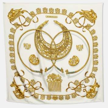 Pre Owned Hermes Ivory Les Cavaliers d'Or Silk Scarf