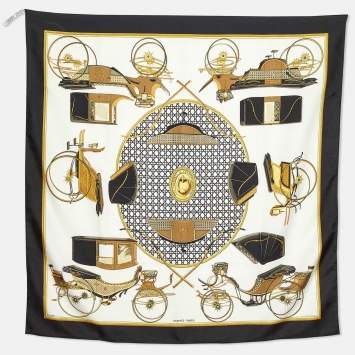 Pre Owned Hermes Ivory/Black Les Voitures a Transformation Silk Scarf