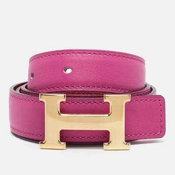 Pre Owned Hermes Rouge Casaque/Magnolia Epsom and Swift Leather H Buckle Reversible Belt 75 CM