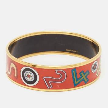 Pre Owned Hermes Tohu Bohu Printed Enamel Gold Plated Wide Bangle Bracelet