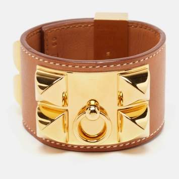Pre Owned Hermès Collier De Chien Brown Leather Gold Plated Metal Bracelet