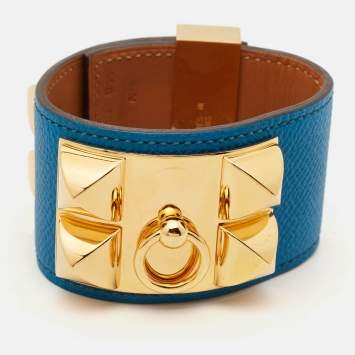 Pre Owned Hermès Collier De Chien Blue Leather Gold Plated Bracelet