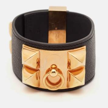Hermès Collier De Chien Black Leather Rose Gold Plated Metal Bracelet
