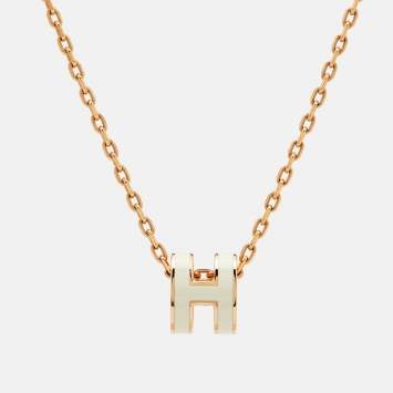 Pre Owned Hermès Pop H Mini White Enamel Rose Gold Plated Pendant Necklace
