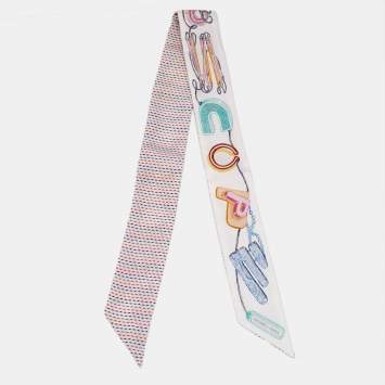 Hermès White/Pink Silk Chevaloscope Pointille Twilly