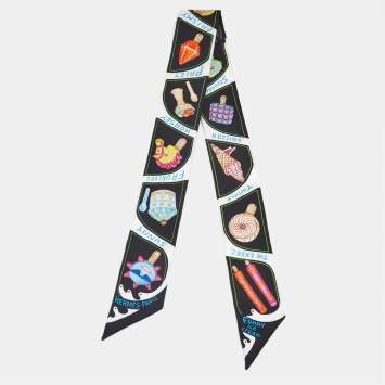 Pre Owned Hermes Black Funny Ice Cream Printed Silk Twilly
