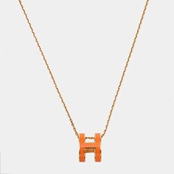 Pre Owned Hermès Pop H Orange Enamel Gold Plated Necklace