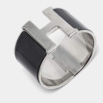 Hermes Clic Clac H Black Enamel Palladium Plated Extra Wide Bracelet