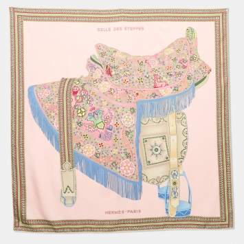 Pre Owned Hermes Pink Selle Des Steppes Printed Silk Square Scarf
