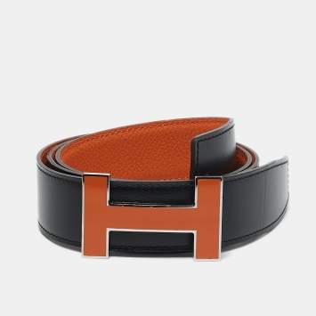 Hermès Noir/Orange Box and Togo Leather Qiuzz H Reversible Belt 80 CM